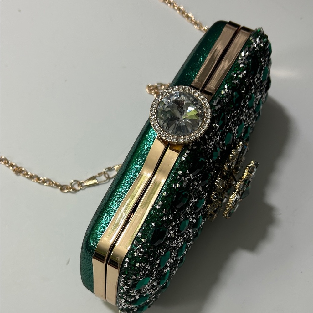 Emerald Crystal Evening Clutch with Gold Chain - Picture 16 of 16